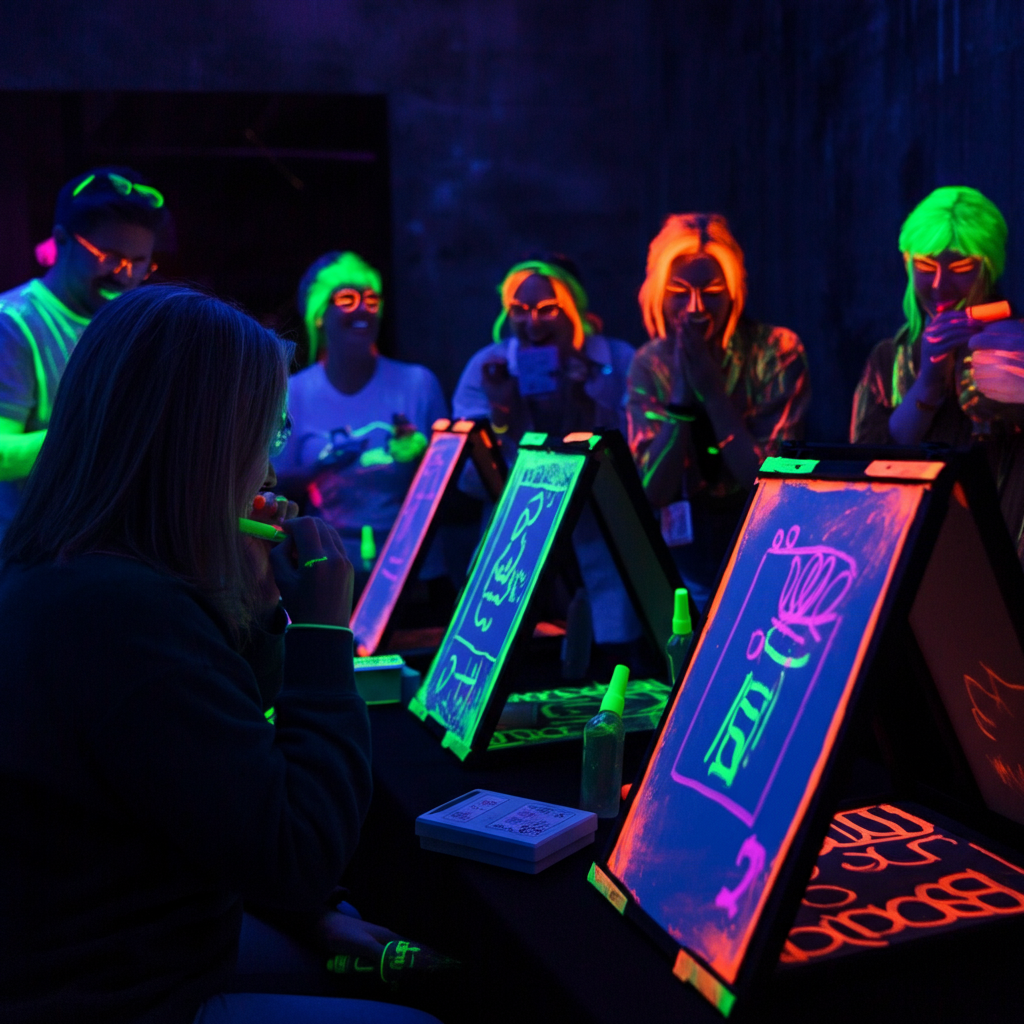 Blacklight Pictionary at glow in the dark themed party